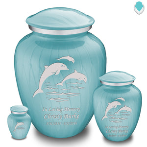 Medium Embrace Pearl Light Blue Dolphins Cremation Urn