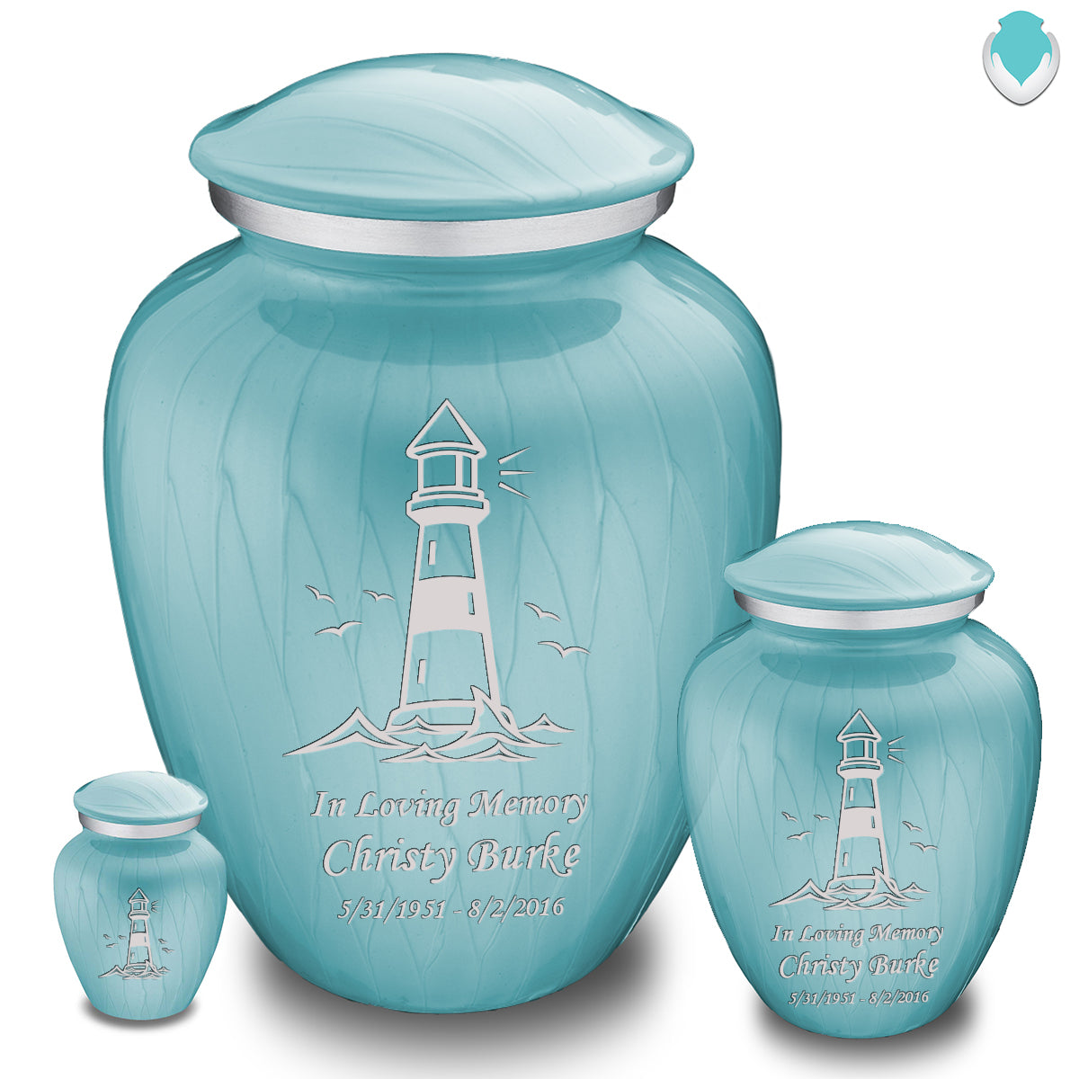 Medium Embrace Pearl Light Blue Lighthouse Cremation Urn