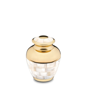 A Golden & Pearl colored Keepsake Mother of Pearl Cremation Urn