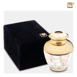 A Keepsake Mother of Pearl Cremation Urn with Holding Box