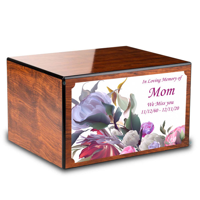 Custom Printed Heritage Mahogany Flowers Wood Box Cremation Urn