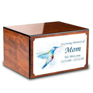 Custom Printed Heritage Mahogany Hummingbird Wood Box Cremation Urn
