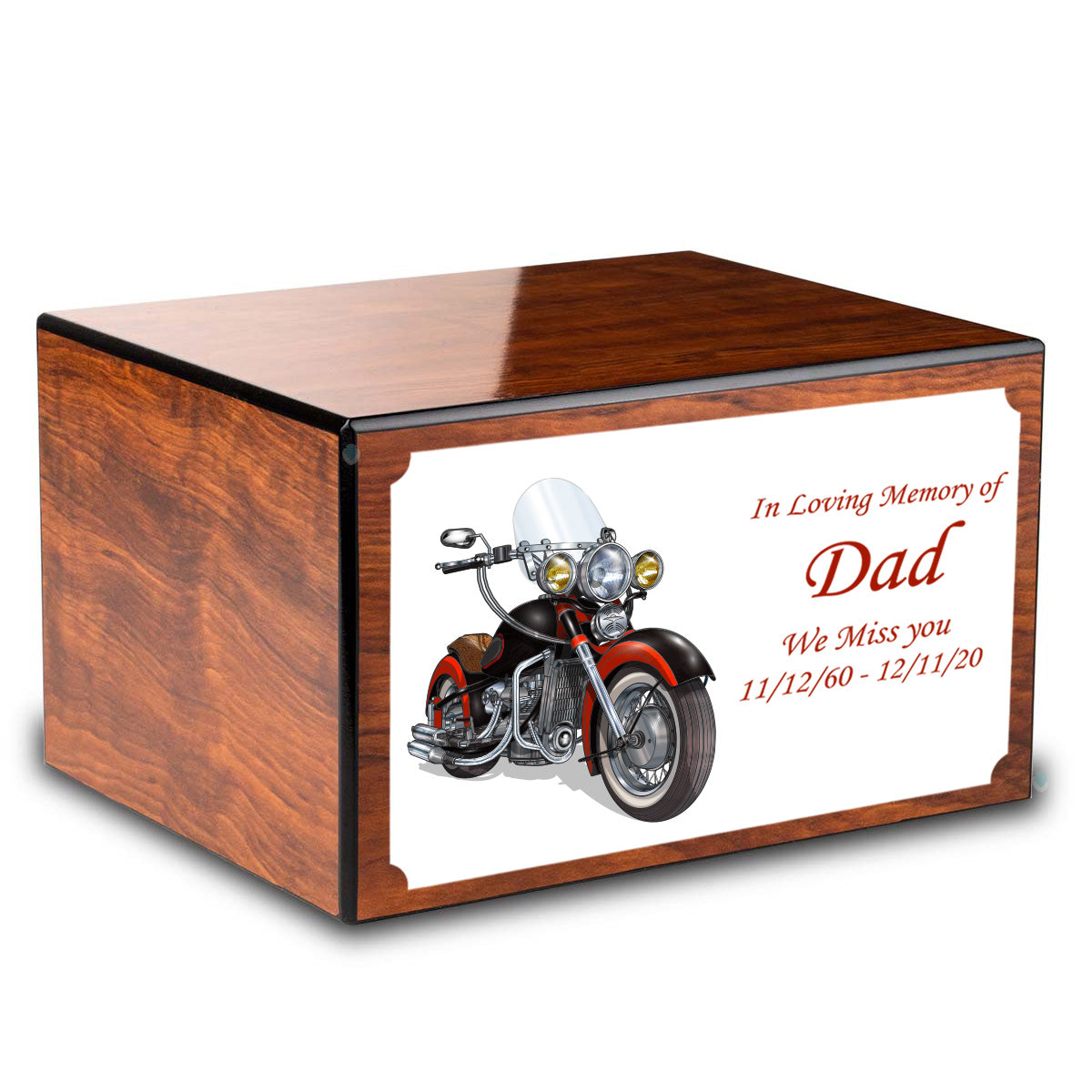 Custom Printed Heritage Mahogany Motorcycle Wood Box Cremation Urn