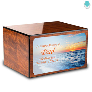 Custom Printed Heritage Mahogany Ocean Sunset Wood Box Cremation Urn