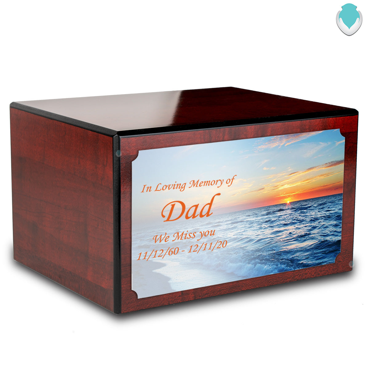 Custom Printed Heritage Cherry Ocean Sunset Wood Box Cremation Urn