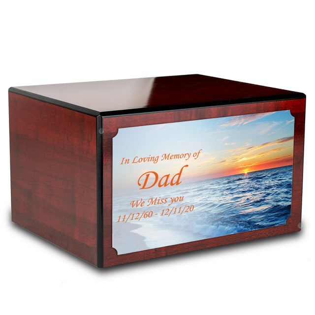 Custom Printed Heritage Cherry Ocean Sunset Wood Box Cremation Urn