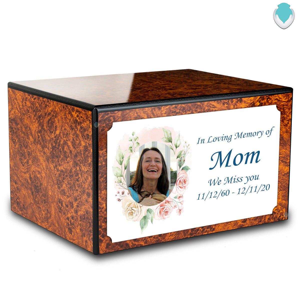 Custom Printed Heritage Burl Photo Frame Wood Box Cremation Urn