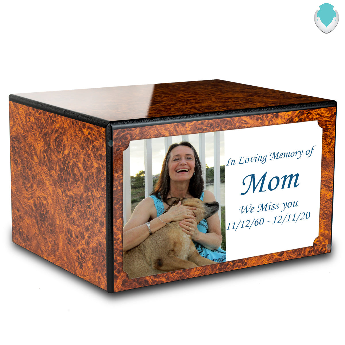Custom Printed Heritage Burl Photo Wood Box Cremation Urn