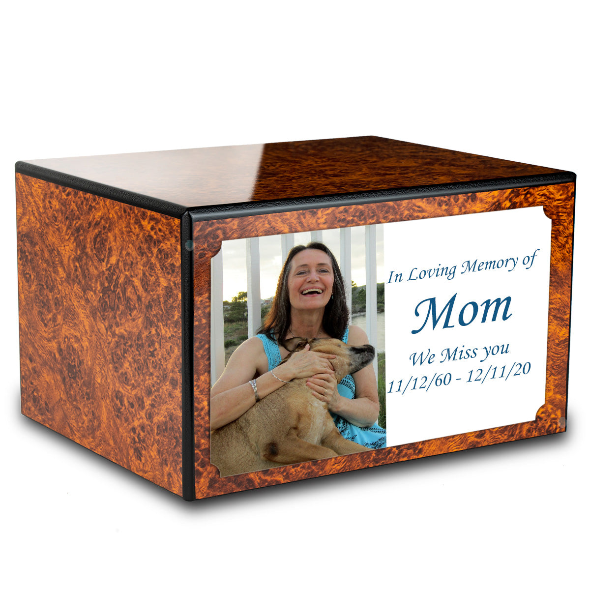Custom Printed Heritage Burl Photo Wood Box Cremation Urn