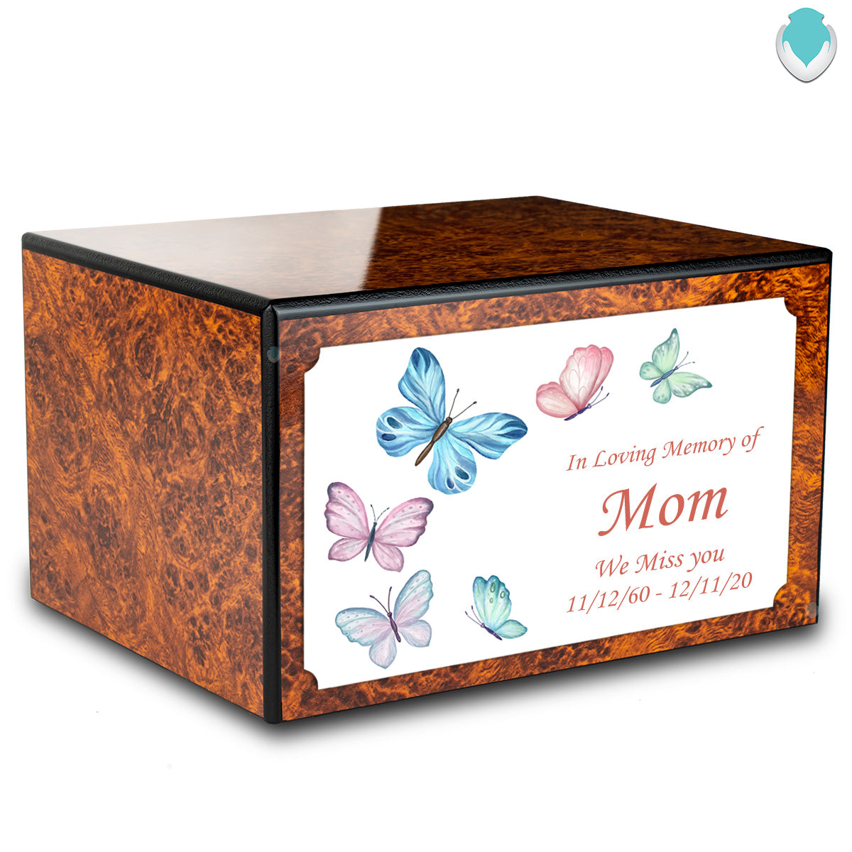 Custom Printed Heritage Burl Butterflies Wood Box Cremation Urn