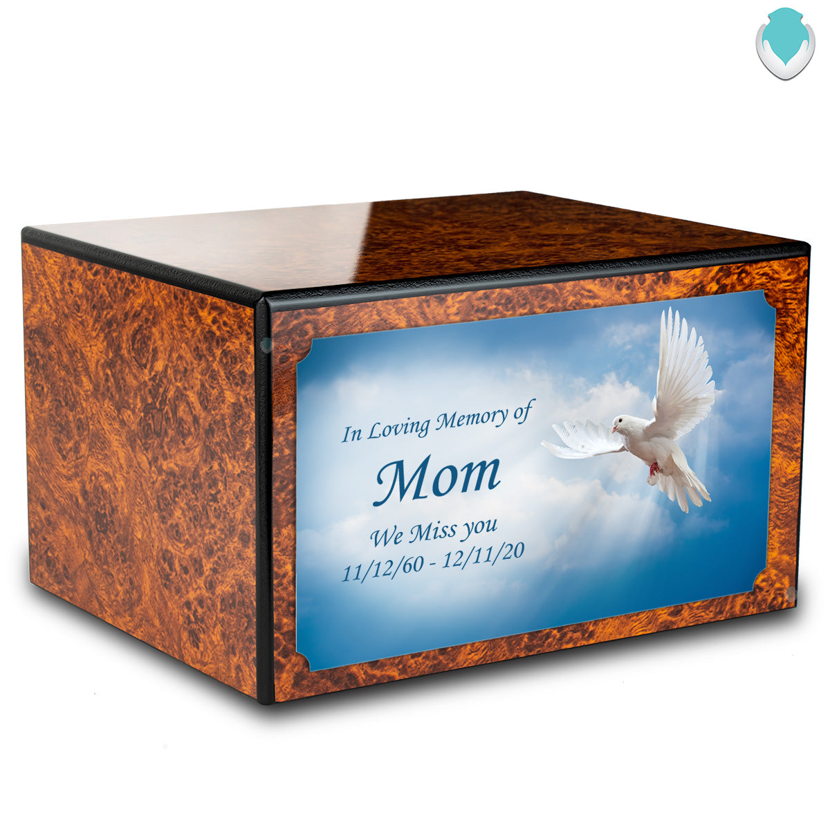 Custom Printed Heritage Burl Dove Wood Box Cremation Urn