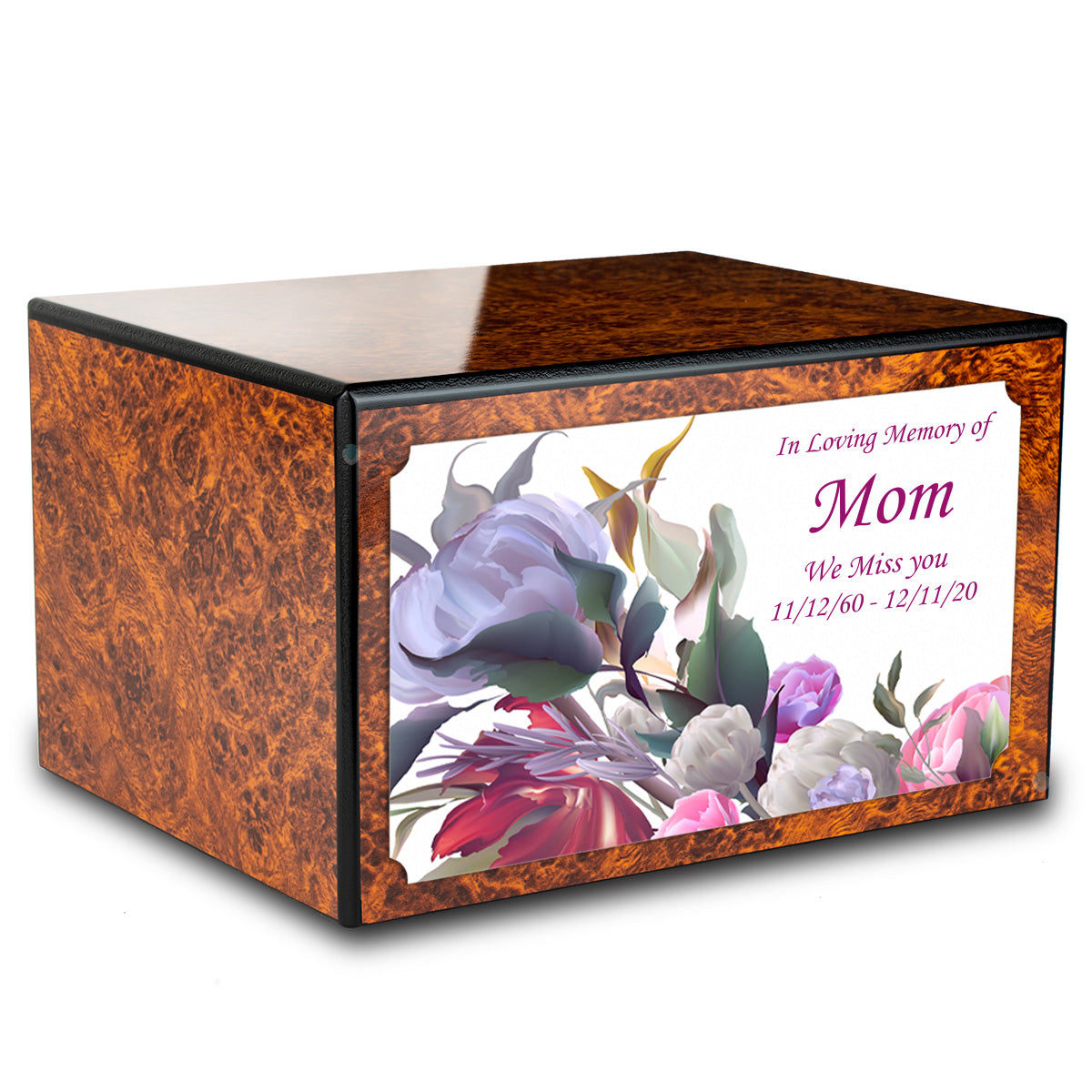 Custom Printed Heritage Burl Flowers Wood Box Cremation Urn