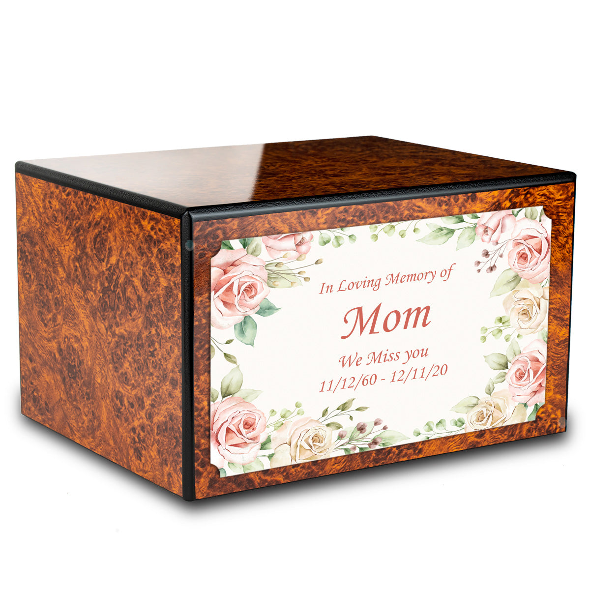 Custom Printed Heritage Burl Flower Frame Wood Box Cremation Urn