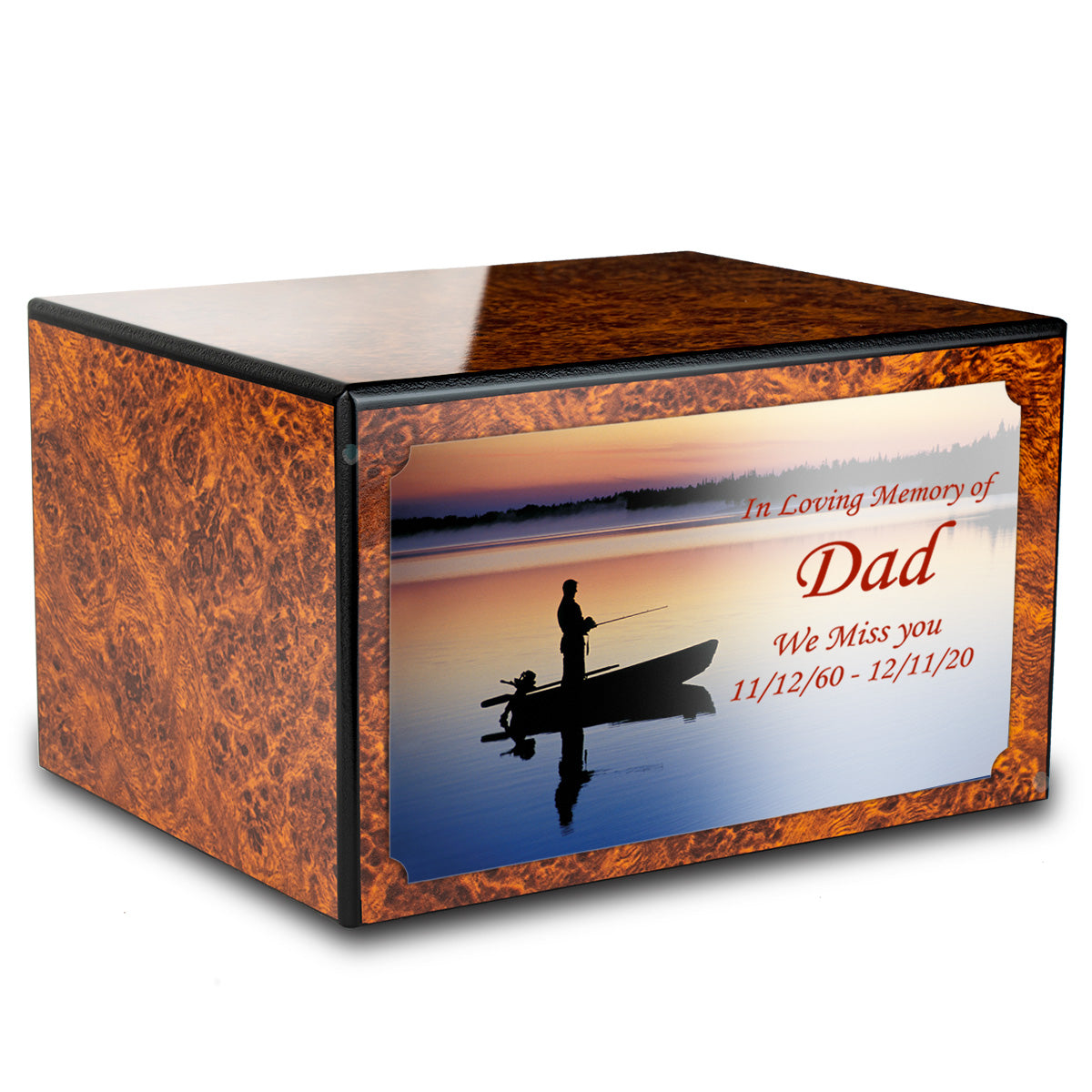 Custom Printed Heritage Burl Fishing Wood Box Cremation Urn