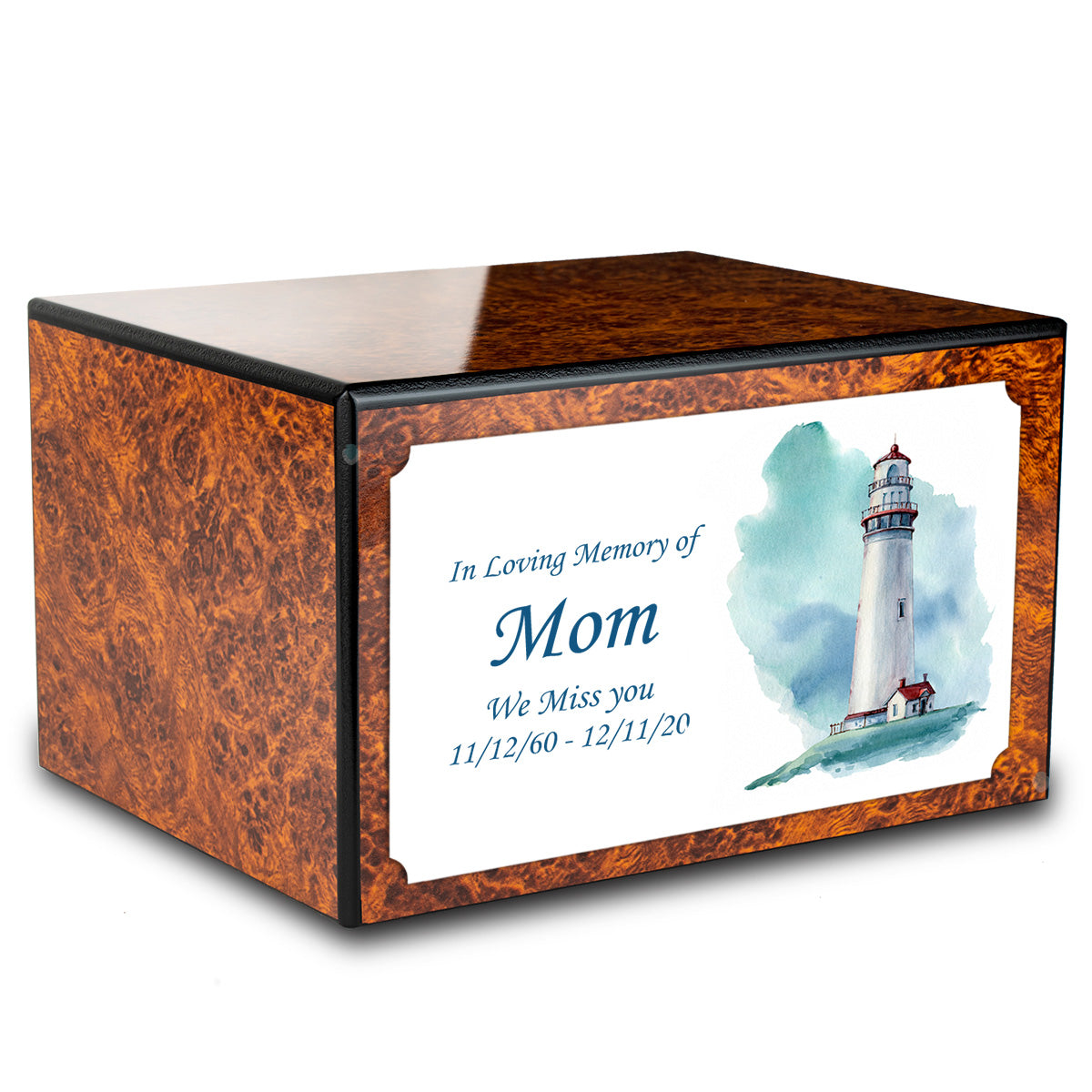 Custom Printed Heritage Burl Lighthouse Wood Box Cremation Urn