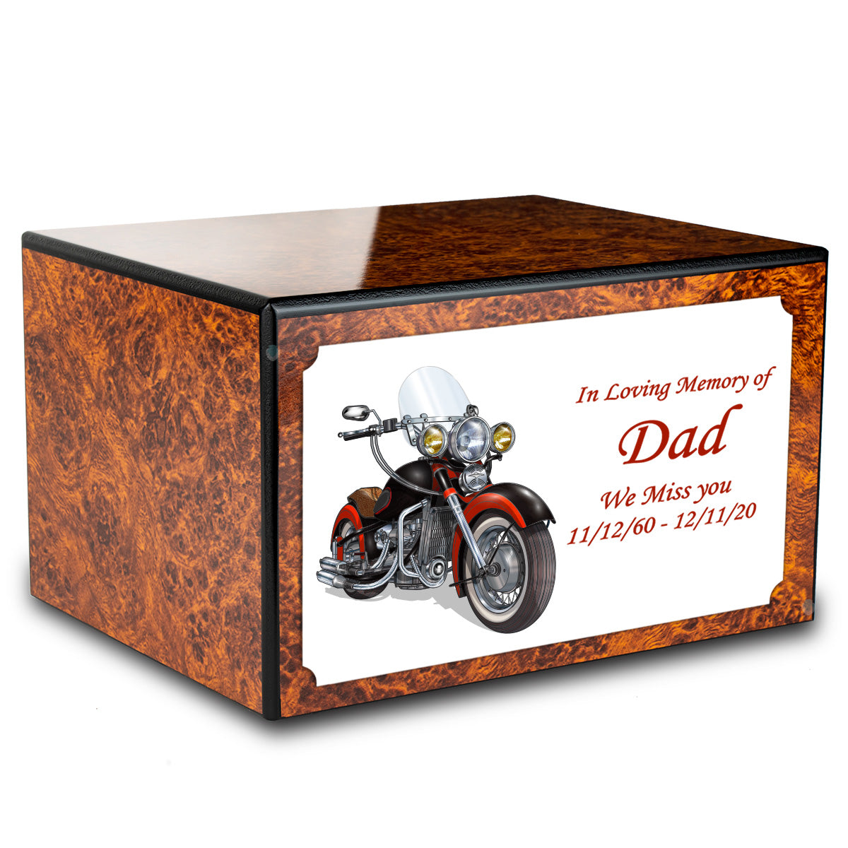 Custom Printed Heritage Burl Motorcycle Wood Box Cremation Urn