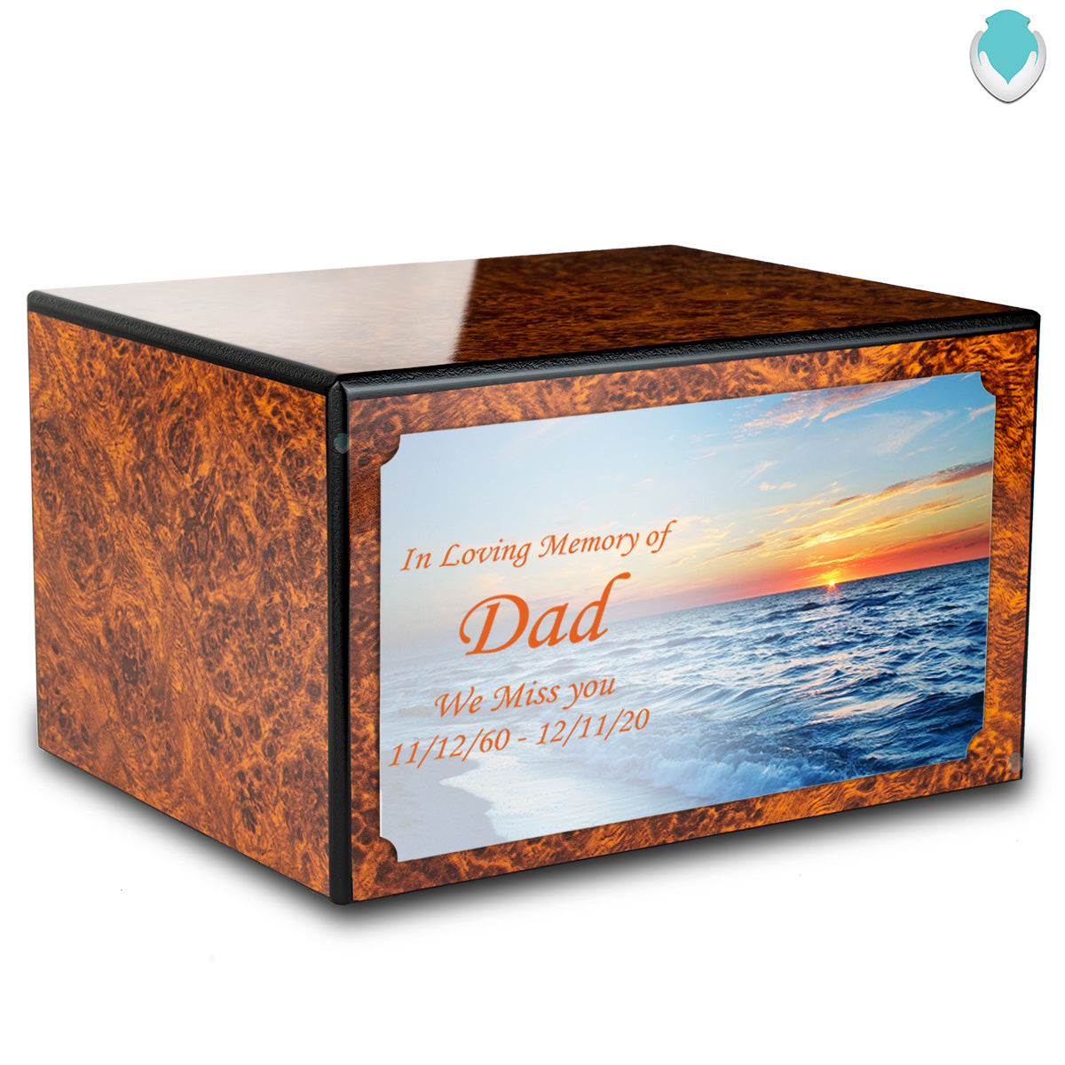 Custom Printed Heritage Burl Ocean Sunset Wood Box Cremation Urn