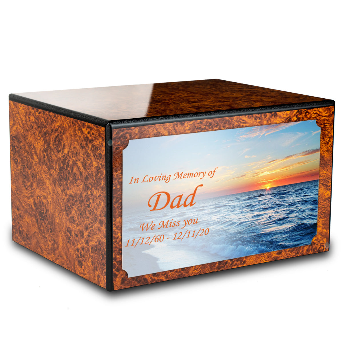 Custom Printed Heritage Burl Ocean Sunset Wood Box Cremation Urn
