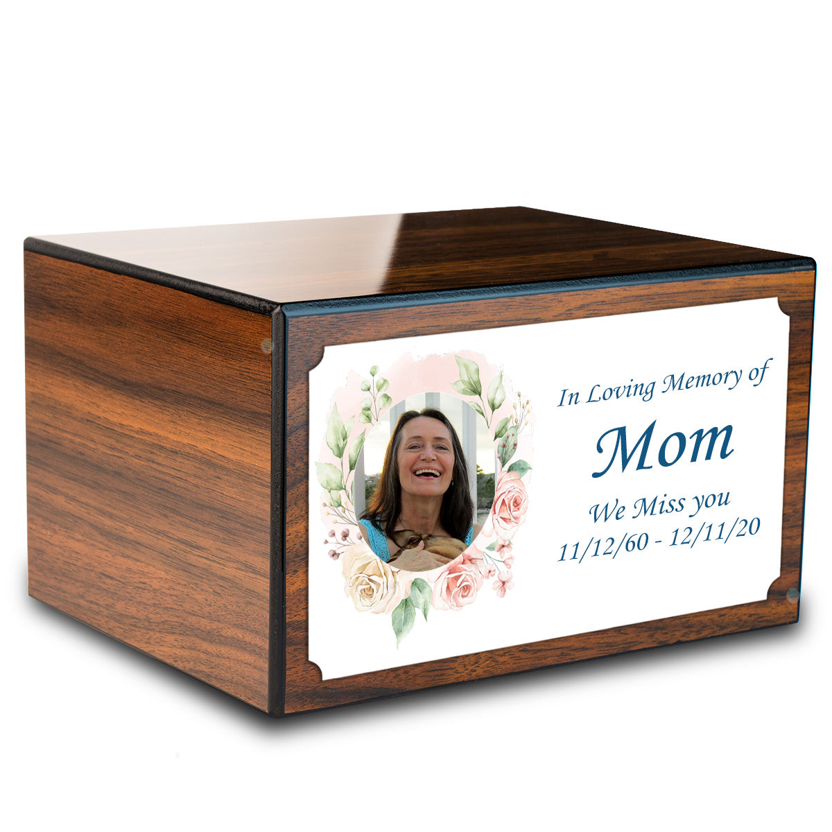Custom Printed Heritage Walnut Photo Frame Wood Box Cremation Urn