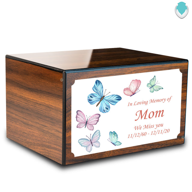 Custom Printed Heritage Walnut Butterflies Wood Box Cremation Urn
