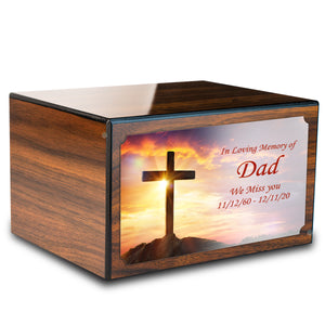 Custom Printed Heritage Walnut Cross Wood Box Cremation Urn