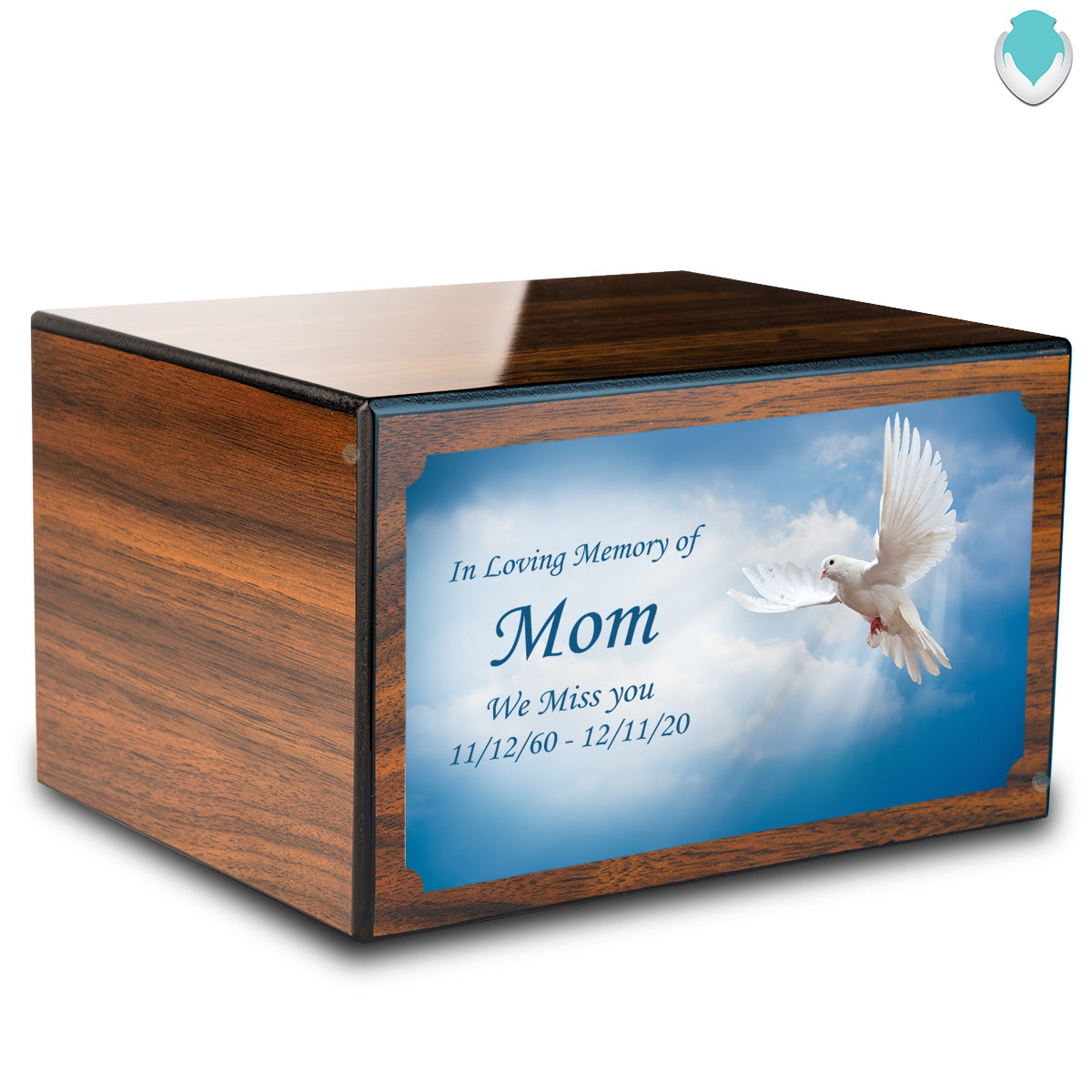 Custom Printed Heritage Walnut Dove Wood Box Cremation Urn
