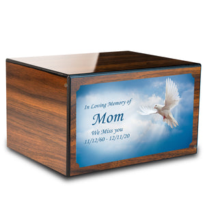 Custom Printed Heritage Walnut Dove Wood Box Cremation Urn