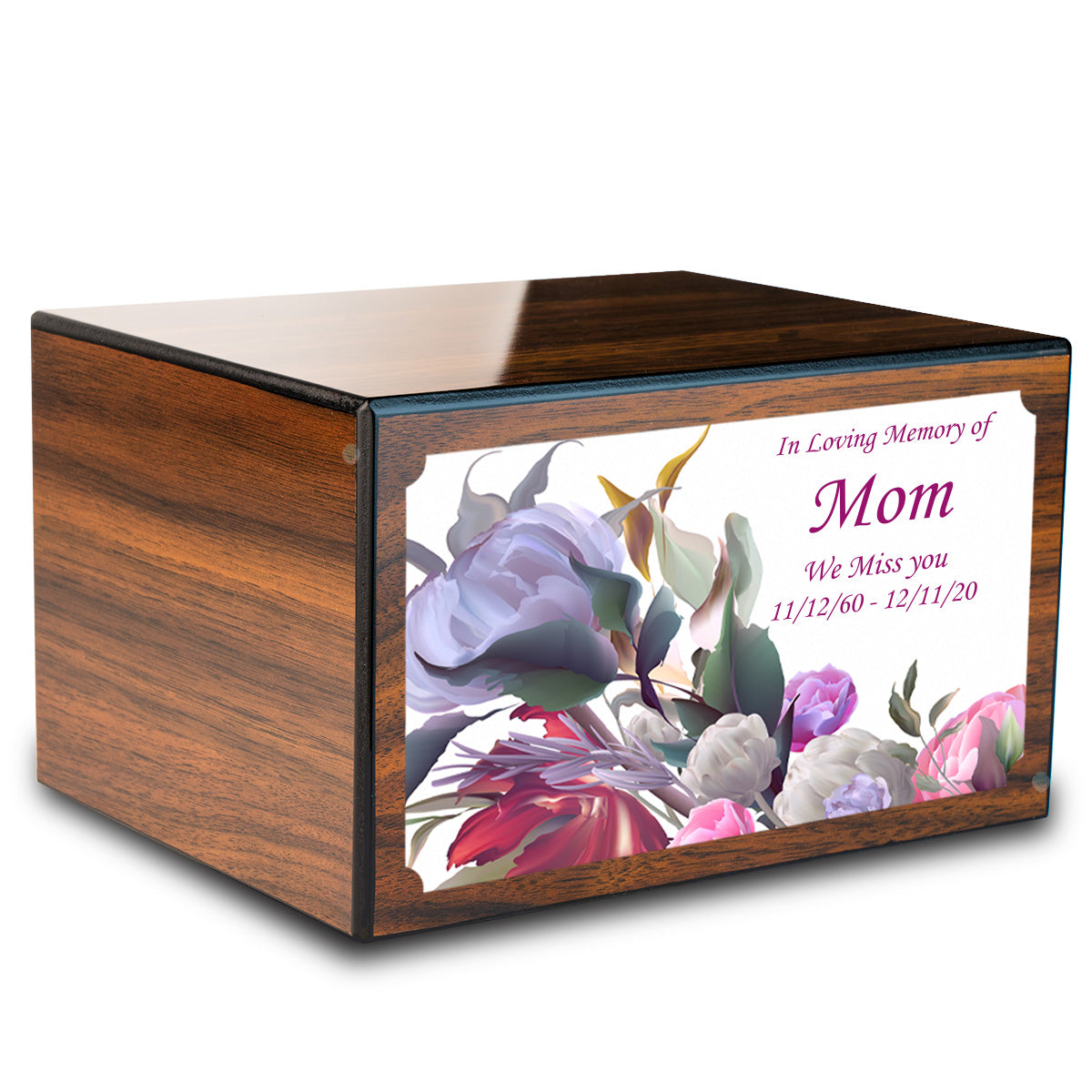 Custom Printed Heritage Walnut Flowers Wood Box Cremation Urn