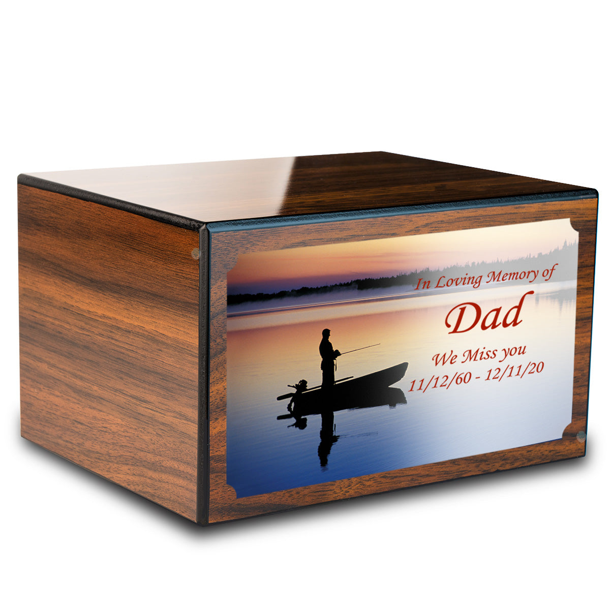 Custom Printed Heritage Walnut Fishing Wood Box Cremation Urn