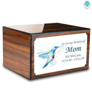 Custom Printed Heritage Walnut Hummingbird Wood Box Cremation Urn