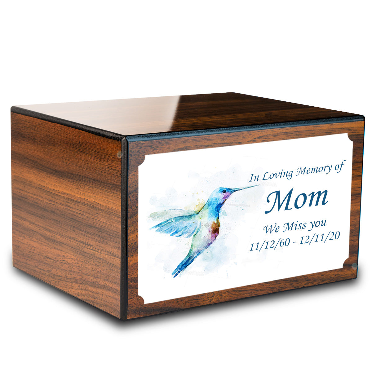 Custom Printed Heritage Walnut Hummingbird Wood Box Cremation Urn
