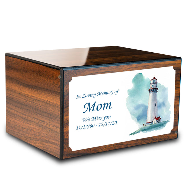 Custom Printed Heritage Walnut Lighthouse Wood Box Cremation Urn