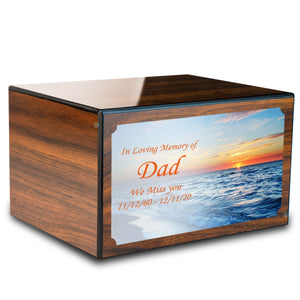 Custom Printed Heritage Walnut Ocean Sunset Wood Box Cremation Urn