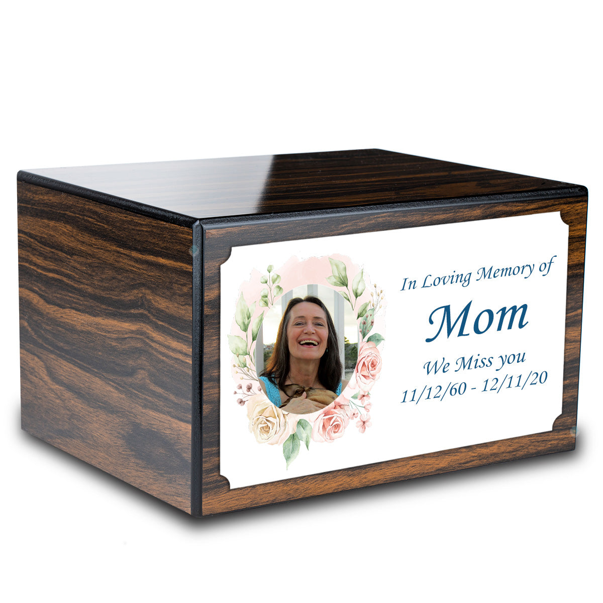 Custom Printed Heritage Espresso Photo Frame Wood Box Cremation Urn