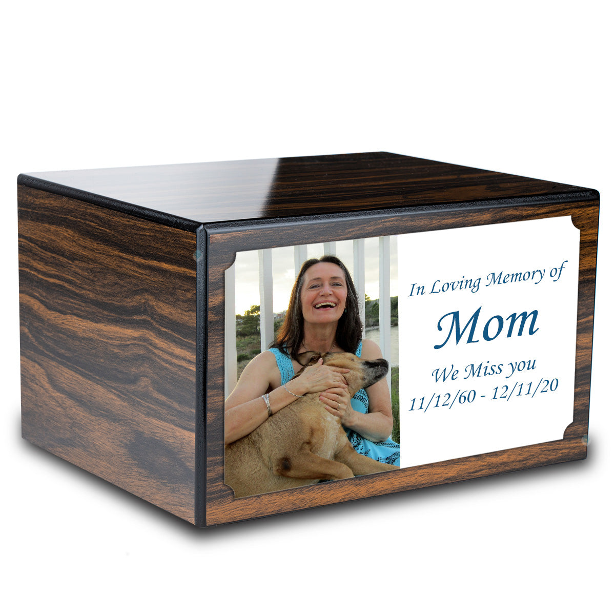 Custom Printed Heritage Espresso Photo Wood Box Cremation Urn