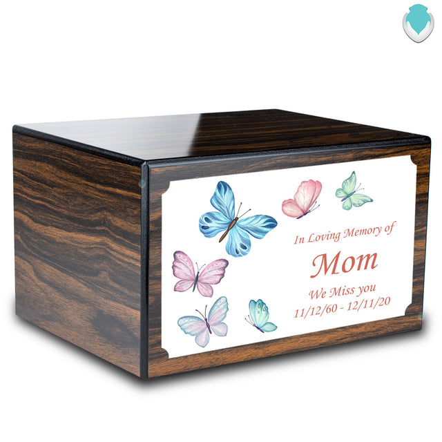 Custom Printed Heritage Espresso Butterflies Wood Box Cremation Urn