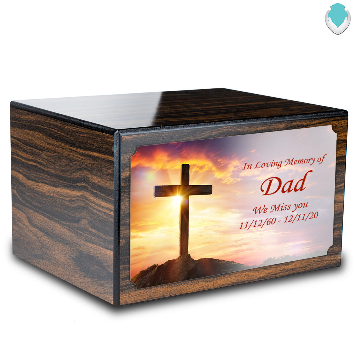Custom Printed Heritage Espresso Cross Wood Box Cremation Urn