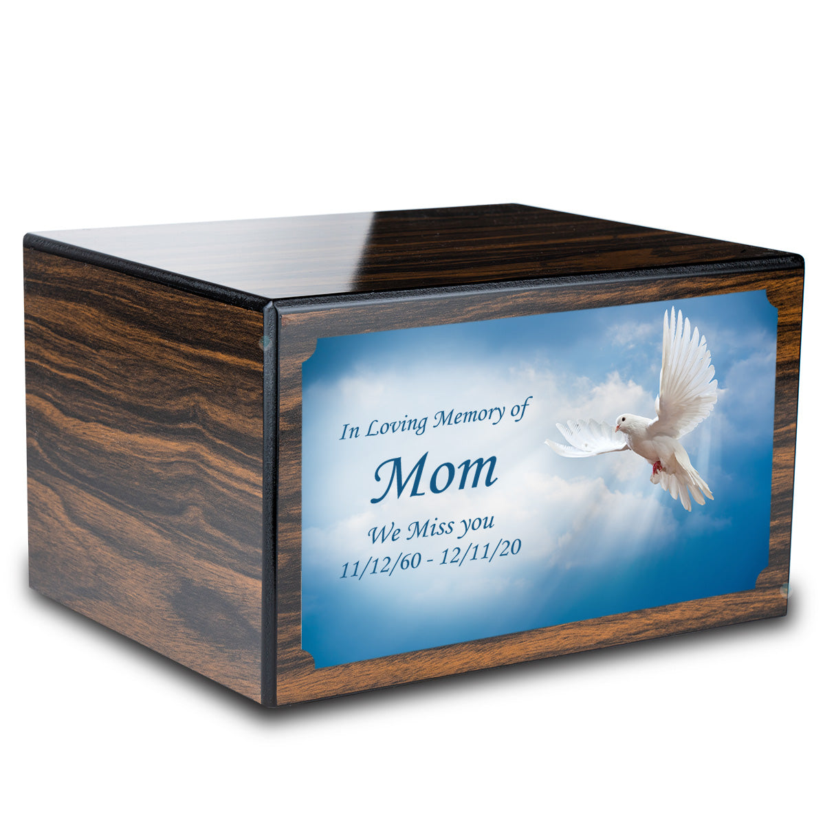 Custom Printed Heritage Espresso Dove Wood Box Cremation Urn