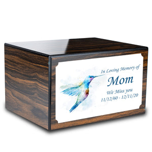 Custom Printed Heritage Espresso Hummingbird Wood Box Cremation Urn