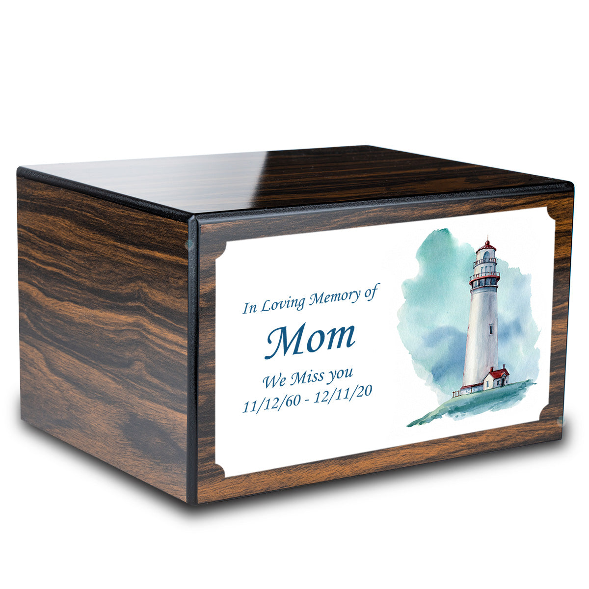 Custom Printed Heritage Espresso Lighthouse Wood Box Cremation Urn