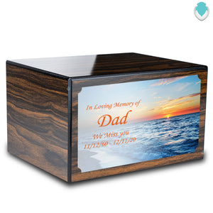 Custom Printed Heritage Espresso Ocean Sunset Wood Box Cremation Urn