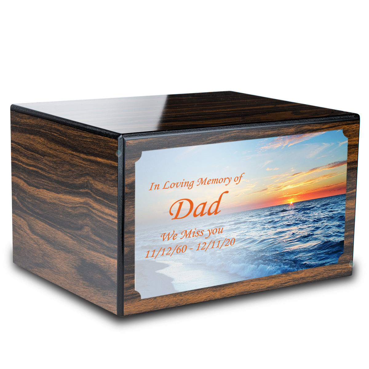 Custom Printed Heritage Espresso Ocean Sunset Wood Box Cremation Urn