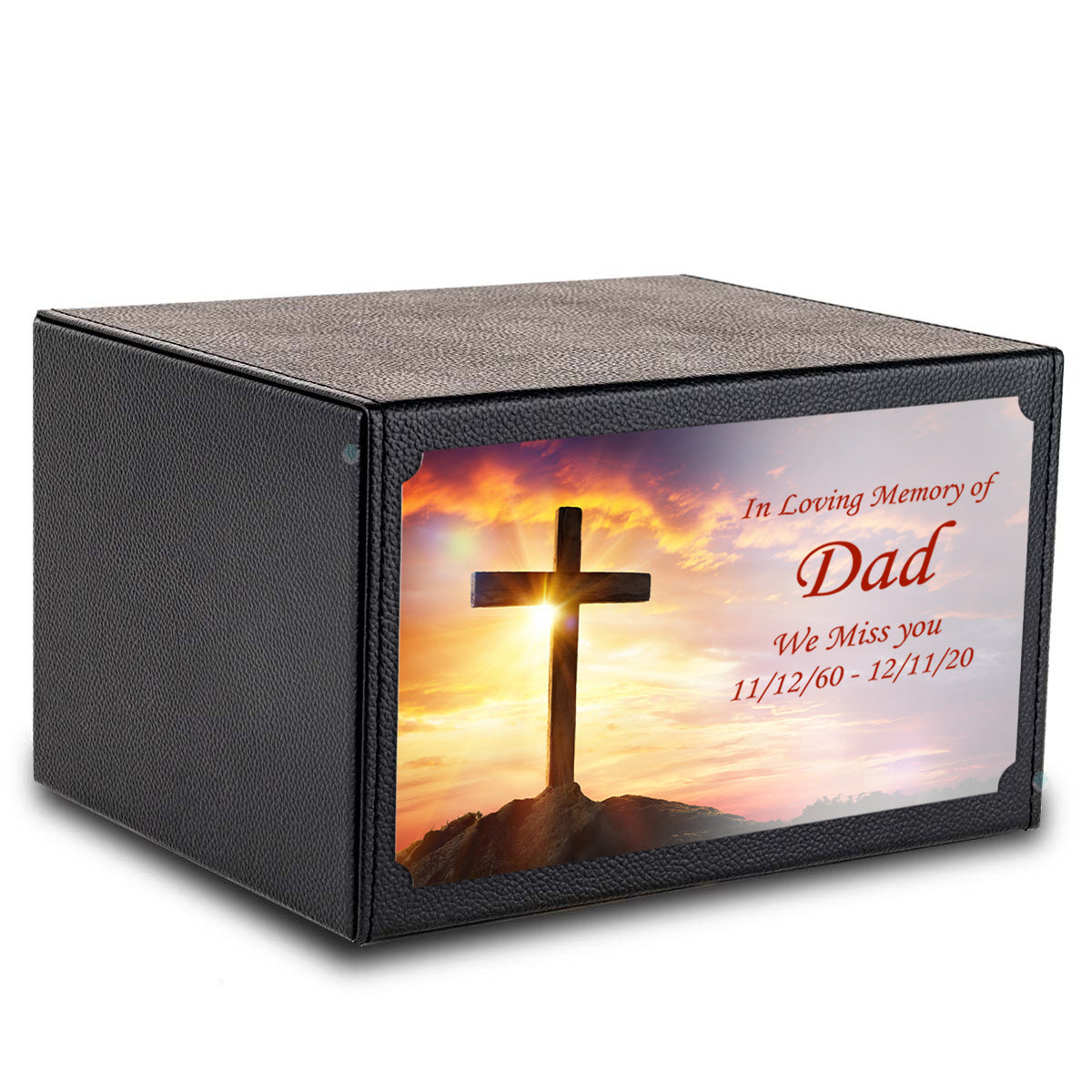 Custom Printed Heritage Leather Cross Wood Box Cremation Urn