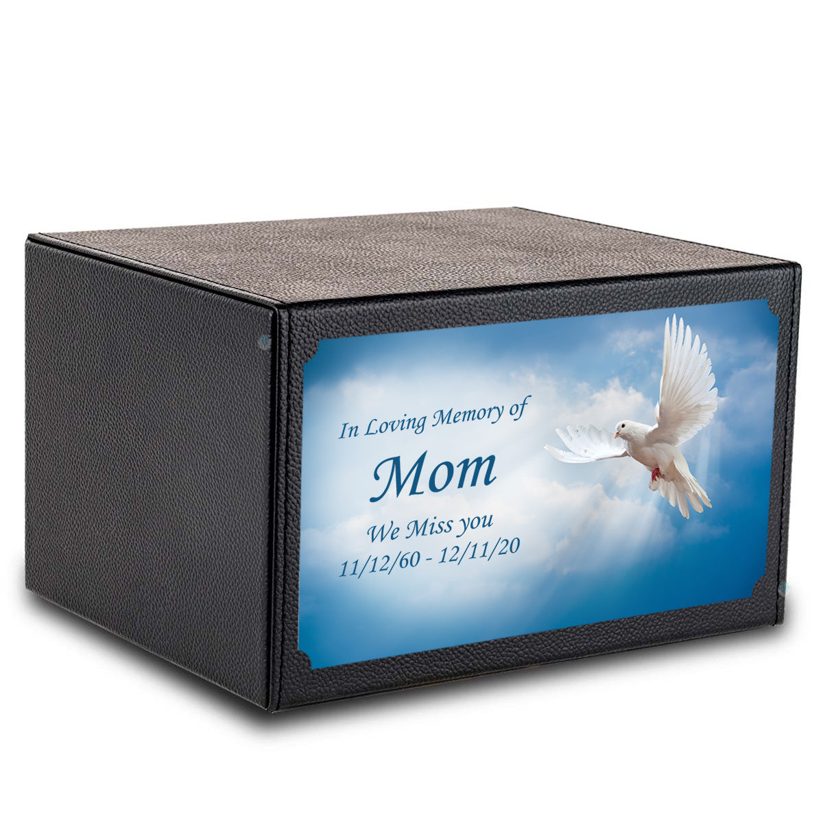 Custom Printed Heritage Leather Dove Wood Box Cremation Urn