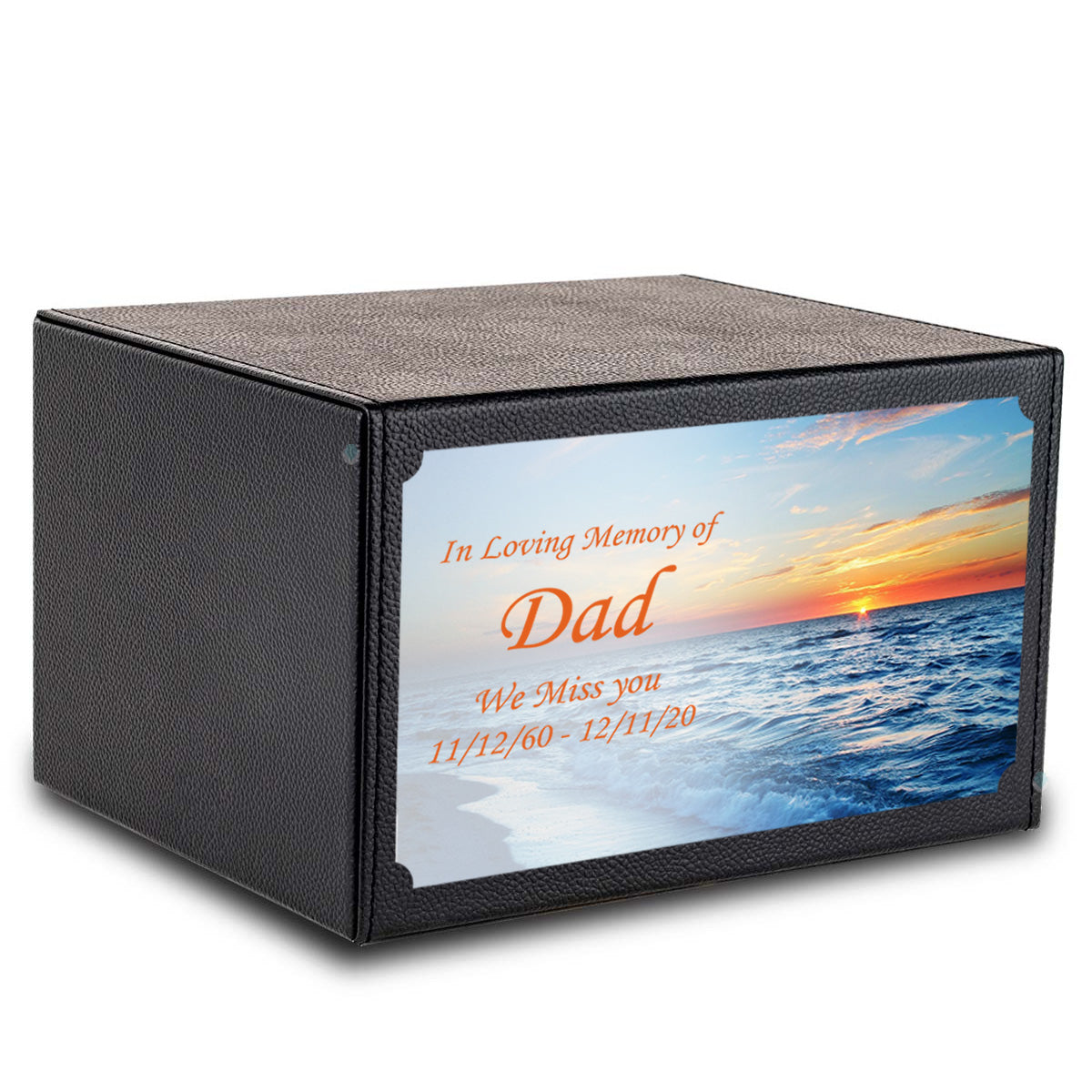 Custom Printed Heritage Leather Ocean Sunset Wood Box Cremation Urn