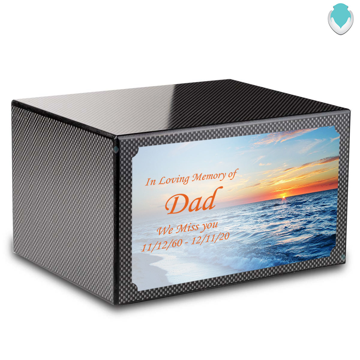 Custom Printed Heritage Carbon Fiber Ocean Sunset Wood Box Cremation Urn