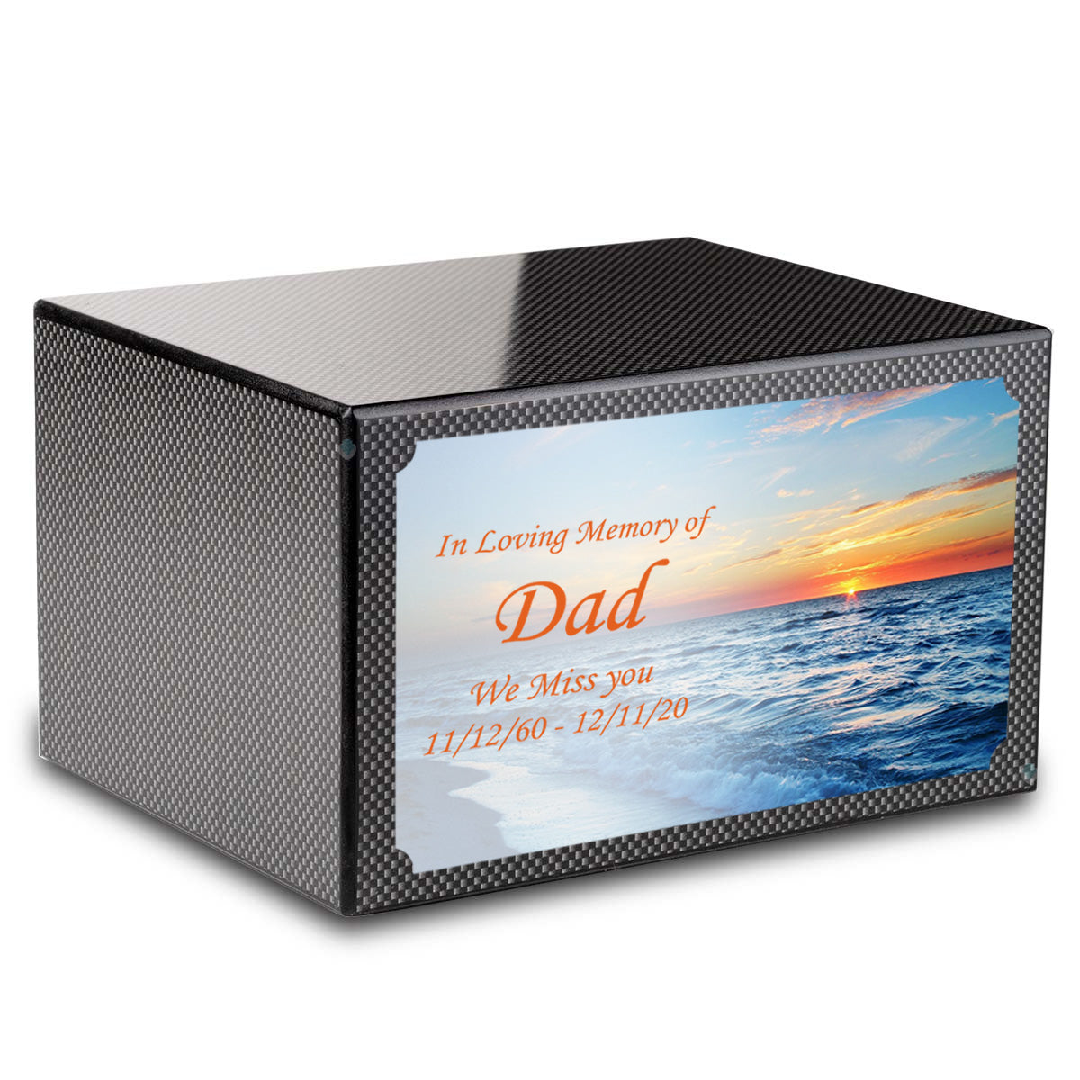 Custom Printed Heritage Carbon Fiber Ocean Sunset Wood Box Cremation Urn