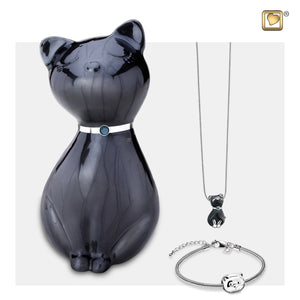 Princess Cat™ Shaped Black Colored Pet Cremation Urn, Cat Shaped Silver Colored Bracelet Bead and a Princess Cat Shaped Black Cremation Jewelry Pendant Bracelet