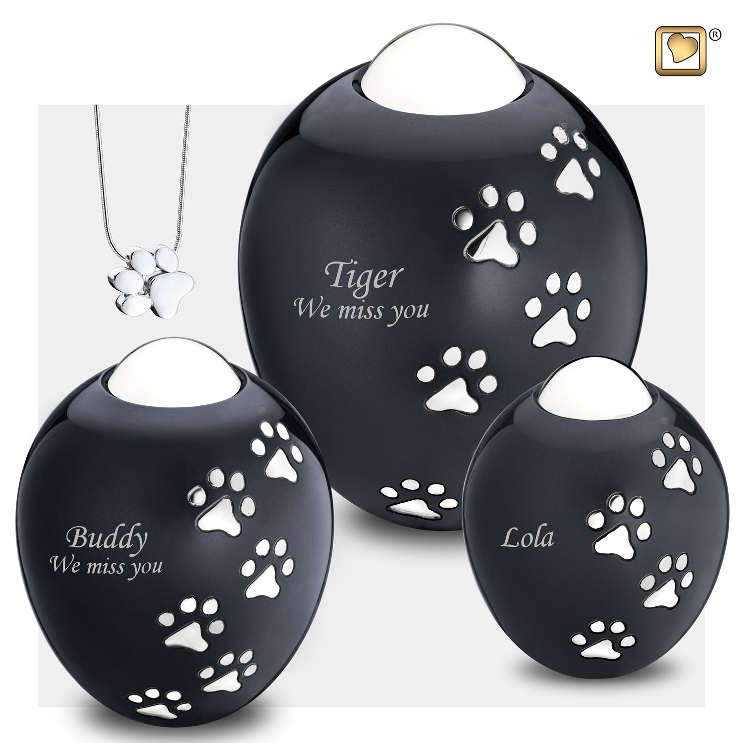 Adore™ Midnight Black Colored Paw Printed Oval Shaped Medium Pet Cremation Urn
