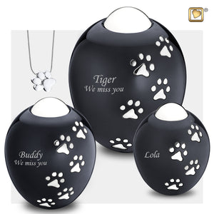 3 Different Sizes of Adore™ Midnight Black Colored Paw Printed Oval Shaped Large Pet Cremation Urn with Paw Shaped Pendant Necklace